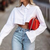 HOT★Women Crop Shirt Cotton Polo Neck White Lady Shirts Solid Irregular Long Sleeve Oversize 2022 Chic Summer Casual Streetwear Tops