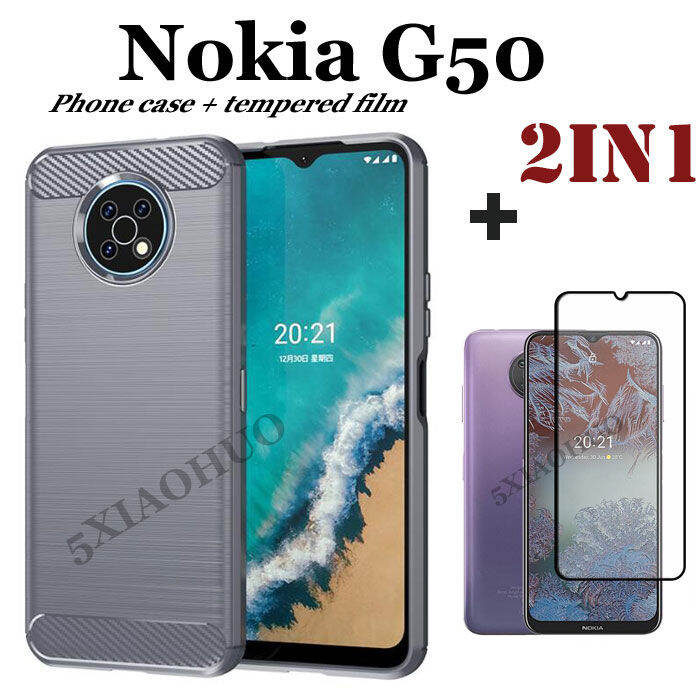 เคสโทรศัพท์2in1สำหรับ-nokia-g50แปรงคาร์บอนไฟเบอร์-เคสป้องกันรวมทุกอย่างกันตกนิ่ม-กระจกนิรภัยสำหรับ-nokia-g10-g20