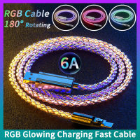 DISOUR 6A RGB เรืองแสงมีการหมุนเวียน ° 180การสายชาร์จ USB เร็วสุดๆไปยัง Type-C Micro-USB iPhone Flow สายชาร์จสีสันสดใสสายรองรับการส่งข้อมูลสำหรับสามารถใส่ได้กับ iPhone แอนดรอยด์