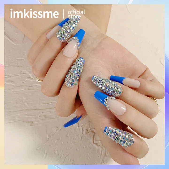 24pcs Fake nail with design Blue French Rhinestone Long Coffin False Nails  Ballerina Fake Nails Full Cover Nail Tips Press On Nails | Lazada PH