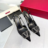 Warren V home satin rhinestone slotted heels 2023 new summer stiletto valentinoˉpointed toe sexy V buckle sandals women