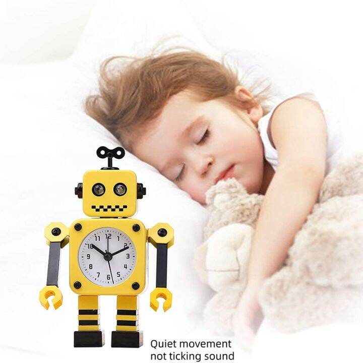 robot-digital-alarm-clock-stainless-non-ticking-wake-up-quartz-desk-clock-with-eye-lights-rotating-arm-for-kids