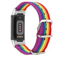 Compatible Fitbit Charge 5/2/3/4 Band rainbow strap LGBT nylon metal stainless stee snap strap watch with dedicated connector