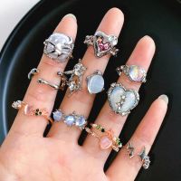 Y2k Crystal Heart Rings Set For Women Girls Vintage Silver Color Irregular Rings Fashion Kpop Zircon Rings Party Jewelry Gifts