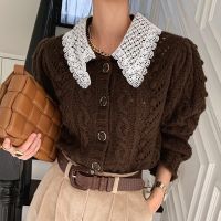 Korea Retro Temperament Lace Lapel Stitching Heavy Industry Twist Single-Breasted Long-Sleeved Knitted Cardigan Sweater Women