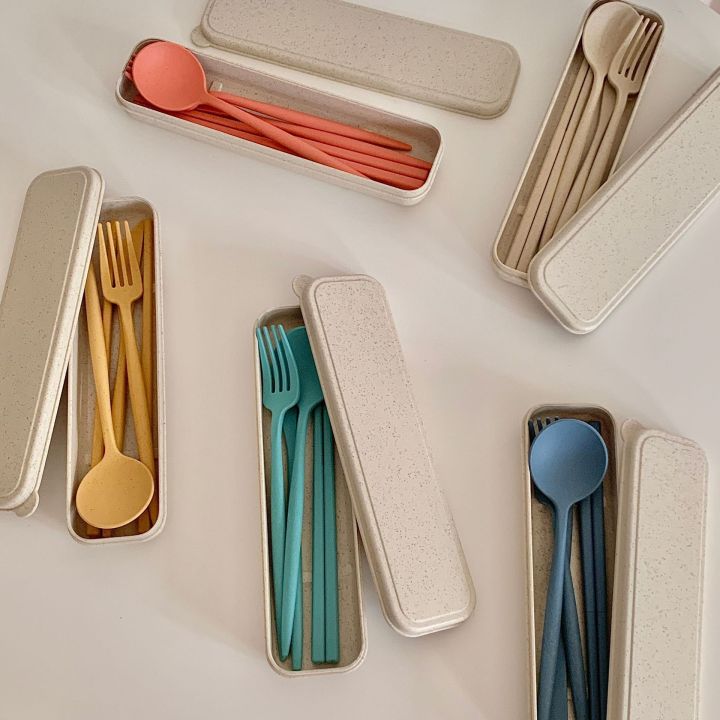 4pcs-set-spoon-fork-chopsticks-with-box-students-cutlery-wheat-straw-tableware-suit-travel-portable-dinnerware-kitchen-accessory-flatware-sets