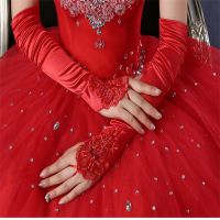 ❀۞✎ Elegant Long Bridal Gloves for Wedding Dress New Wedding Accessories White Black Red Fingerless Wedding Gloves with Appliqued