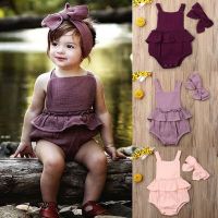 Newborn Toddler Baby Girls Romper Cute Solid Ruffles Sleeveless Cotton Soft Princess Dress Romper+Bowknot Hairband Outfits  0-2T  by Hs2023