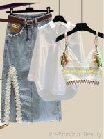 【LZ】❇❖  Colete de malha boho feminino blusa de proteção solar manga longa saias jeans com pérolas laterais roupas de verão 2023 moda