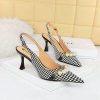 3716-3 Korean version high heeled womens shoes with checkered fabric surface, shallow cut pointed hollow back strap, pearl metal chain, single shoe