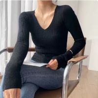 Sexy V-Neck Sweater For Women Autumn Winter Knit Stripe Pullover Jumper Solid Warm Long Sleeve Tops Casual Office Bottom Shirt