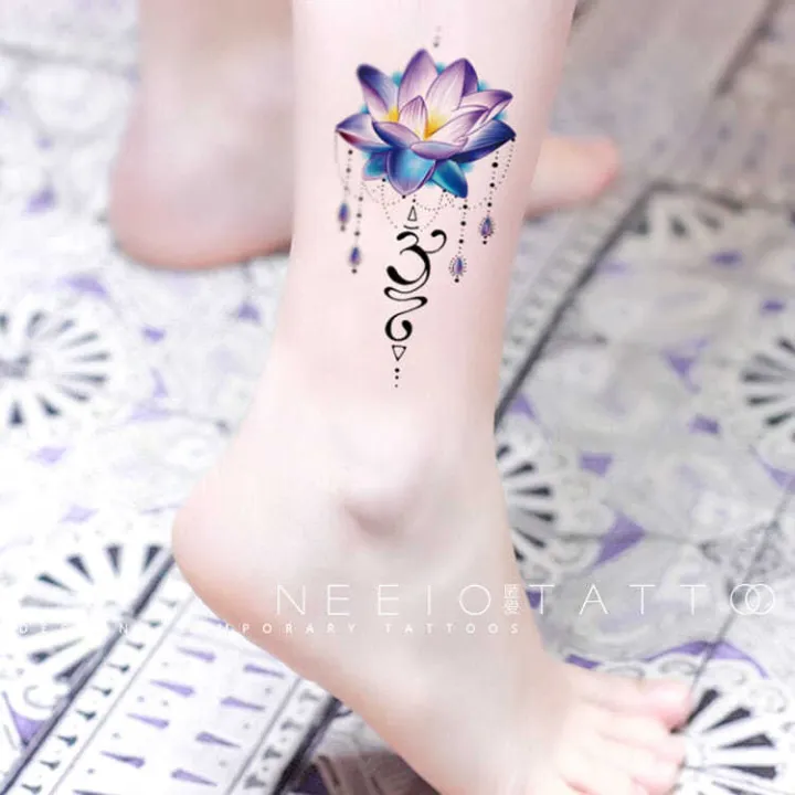 Tattoo stickers Sanskrit lotus blue water lily yoga saint OM symbol ankle  calf lotus waterproof female | Lazada PH
