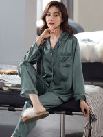 Woman Pajamas Ice Silk Sleepwear Suit Spring Long Pijamas For Ladies Homewear Mujer 2 Pieces Green Bedroom Femme Pyjamas Bedgown