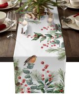 Corinada Christmas Eucalyptus Fir Tree Robin Table Runner Home Dining Room Decoration Tablecloth Wedding Holiday Party