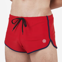 Noxx Swim Shorts: กางเกงว่ายน้ำ ขาสั้น สีแดง กุ๊นน้ำเงิน