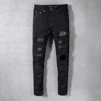 【CW】Mens Black Distressed Slim Fit Streetwear Style Damage Holes Skinny Stretch Destroyed Rhinestone Ribs Patches Ripped Jeans