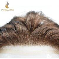 French Lace Front Skin Mens Toupee Hairpiece Human Hair Poly Pu Replacement Systems Bleached Knots Natural Hair Wigs for Men Gift ของขวัญ