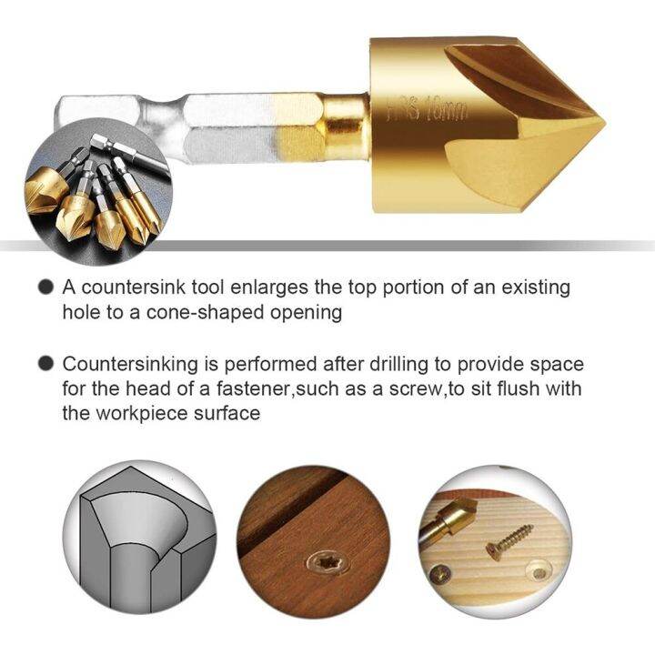 รูสกรูตัด5ร่องเจาะซิงค์เคาน์เตอร์บิตงานไม้6ชิ้น-hex-6-19mm-countersink-เครื่องมือบิต1-4-chamfer-hex