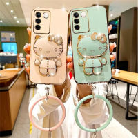 เคสโทรศัพท์มือถือสุดหรูสำหรับ VIVO V29 V27 Y36 Y27 Y78 5G 4G 2023ใหม่เคสชุบแฟชั่นมาพร้อมกับตัวการ์ตูนน่ารักน่ารักเฮลโลคิตตี้แต่งหน้าขาตั้งกระจกสร้อยข้อมือซิลิโคนเคสนิ่ม VIVOV29 5G