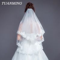 Elbow Length Bridal Veil Two Layers Appliques Lace Soft Tulle Wedding Veils With Comb Lace Edge Cathedral Short Wedding Veils Hair Accessories