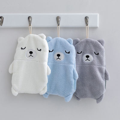 Hanging Coral Fleece Cute Cartoon Bear Hand Towel Soft Absorbent Kitchen Bathroom Wash Cloth