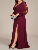 xixibeauty Plus Size Elegant Bridesmaid Dress, Womens Plus Split Sleeve Bow Detail V Neck Split Thigh Maxi Formal Dress