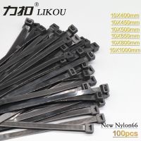 LIKOU Nylon cable tie 10x400mm 10x500mm 10x650mm 10x800mm 10x1000mm Plastic self-locking wire ties straps 100PCS BLACK Cable Management