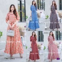 GN15445 **รบกวนสอบถามstockก่อนสั่งซื้อจ้า** แม็กซี่เดรสลายสก็อตแขนยาวผูกเอว Maxi Dress