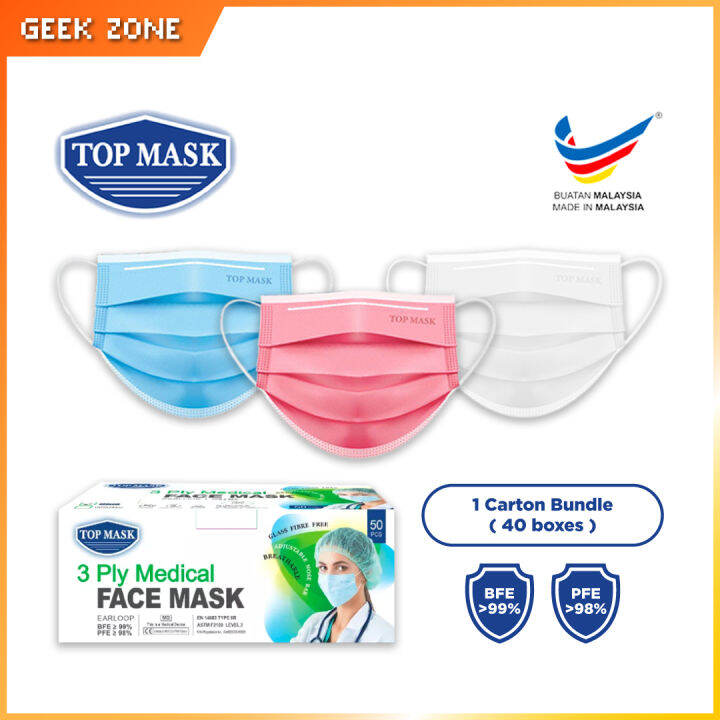 [40 Boxes] Top Mask 3 Ply Medical Facemask | BFE 99% | 50 pcs per box ...