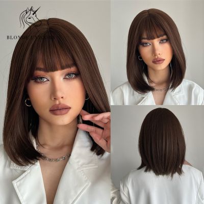 【jw】✚❦  BLONDE Dark Synthetic Wigs Short Bob Wig with Bangs Use Resistant