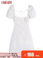 ☎ Tangada 2022 Summer Women White Cotton Dress Backless Puff Short Sleeve Ladies Sundress 3H204