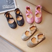 ✆✧ Glitter Ballerina Shoes Girls Luxury Bling Bling Party Dress Ballet Flats with Cross Tied Elastic Band in Gold Pink Color