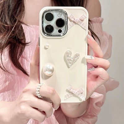 เคสโทรศัพท์หัวใจรักสามมิติสำหรับ iPhone14Promax Pink Bow Case สำหรับ iPhone13M กรณีซิลิโคนสีขาวสำหรับ iPhone12Promax ชุบกรอบโทรศัพท์สำหรับ iPhone11