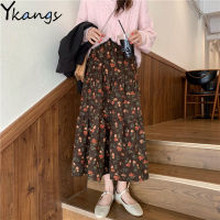 Corduroy Floral Elastic High Waist Pleated Skirt Vintage Women Winter Autumn Casual Thin Sweet Long Skirt Korean Wild Warm Skirt