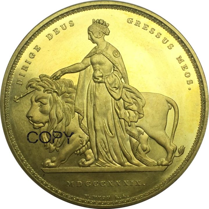 เหรียญราชอาณาจักรส่งเสริมการขายขนาดใหญ่5ปอนด์1839เหรียญวิกตอเรีย-una-และสิงโตธรรมดาเหรียญทองทองเหลืองลอกเลียนแบบ