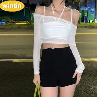 Wintin European and American Fall Womens Clothing Two-Piece Fashion Sexy Hot Girl Halter Spaghetti Straps Voile Long Sleeve Top