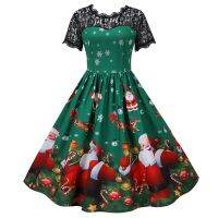 Womens Christmas Lace Short Sleeve Stitching Sexy Print Party Dress