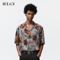 IELGY เสื้อเชิ้ตแขนสั้นพิมพ์ลายผ้าซาตินสำหรับผู้ชายผู้ชาย