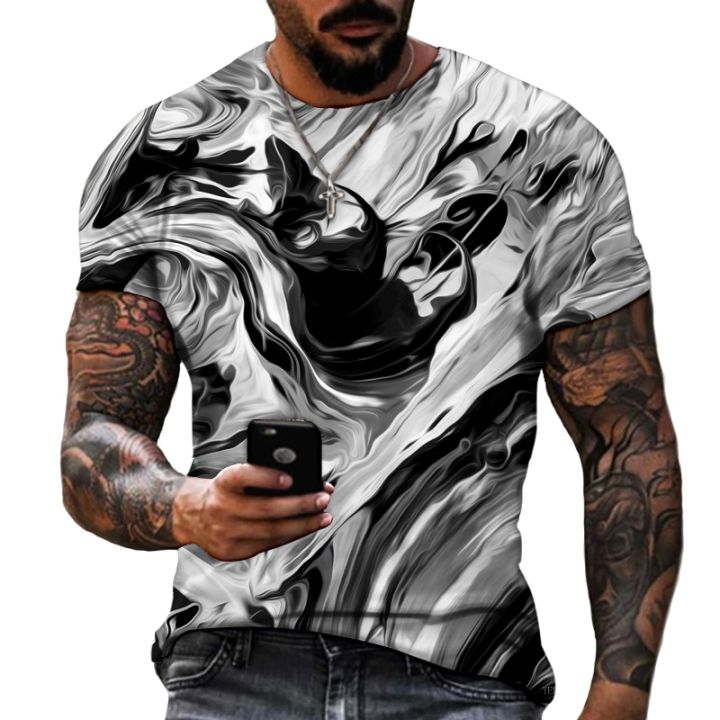 เสื้อโปโลสำหรับผู้ชายชุดทางการเสื้อยืดสีดำและสีขาวพิมพ์ลาย3d-สไตล์แอบสแตรกแขนแขนสั้นคอกลมภาพวาดศิลปะนามธรรม