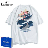 Lansboter เสื้อแขนสั้นสำหรับทั้งหญิงและชายเสื้อยืดกราฟิตี้,เสื้อยืดผ้าแขนยาวผ้าฝ้ายทรงหลวมแขนสั้น