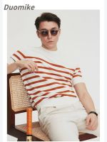 Mens striped round neck knitted T-shirt summer trendy casual mens tops loose retro versatile sea soul