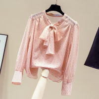 Blouse Women Long Sleeve Bow V-Neck Dot Pink Chiffon Blouse Shirt Tops Women Blusas Mujer De Moda 2021 Women Clothing Blusa D918