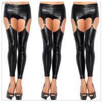 Sexy Punk Rock Garter Buckle Wetlook PU Leather Leggings Vinyl Strap Pants Trousers Black Shiny Leggings