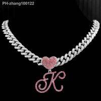 Hip Hop Pink A-Z Cursive Letter Initial Heart Pendant Necklace For Women Bling Iced Out Cuban Zircon Chain Necklace Punk Jewelry