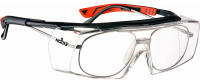 NoCry Safety Glasses That Fit Over Your Prescription Eyewear. Clear Anti-Scratch Wraparound Lenses, UV400 Protection, ANSI Z87 &amp; OSHA Certified. Use in the Lab, Travelling, Black &amp; Red Frames Black &amp; Red Clear