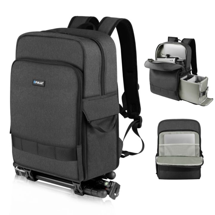 puluz-กระเป๋าใส่แล็ปท็อปไหล่คู่กล้องถ่ายรูปแบบพกพากลางแจ้ง-สีดำ