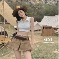 COD ✾▣ CUZ81VG V SHOP Korean Womens Vintage Midi Skirt Solid Color Waist Slim Fit Belt A-line Pleated Skirt Short Skirt