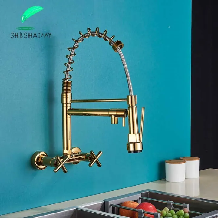 [HOT W] SHBSHAIMY Gold Kitchen Faucet Pull Down Spray Kitchen Wall