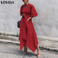 VONDA Women Casual Belt V Neck Asymmetrical Long Dress