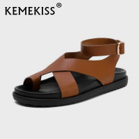 KemeKiss Gladiator Sandals Women Real Real Leather Shoes Flat Heel Clip Toe Buckle Strap Casual Classics Footwear Size 34-39